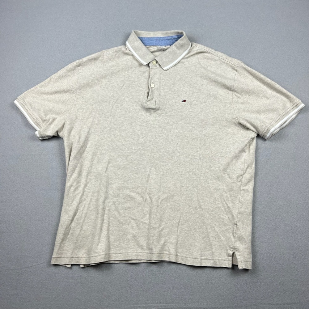 Tommy Hilfiger Men XL Tan Heathered Oatmeal Tipped Collar Soft Logo Polo Shirt